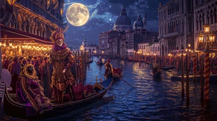 Poster A grand Venetian carnival scene, elaborate masks and costumes, gondolas on the canal under moonlight. Resplendent. © Summit Art Creations