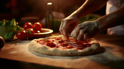 a dynamic scene on the preparation of Pizza in HD - 16:9 surrounded by the basic ingredients such as tomatoes, flour, basil, parsley. oil. Ai generated
