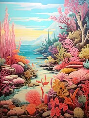 Fototapeta na wymiar Vibrant Beach Decor: Vintage Coral Reef Seascape Wall Art for Explorations