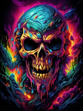 Vibrant Psychedelic Melting Skull Artwork
