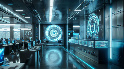 A high-tech cybersecurity lab featuring glowing holographic displays and computer workstations in a sleek, modern environment