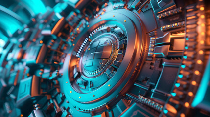 A unique depiction of a futuristic bank with embedded cyber security features, envisioned as a 3D animated backdrop - highly detailed and engaging1 - obrazy, fototapety, plakaty