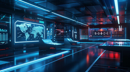 A futuristic command center with illuminated screens showing world maps and data, creating a dynamic, high-tech atmosphere