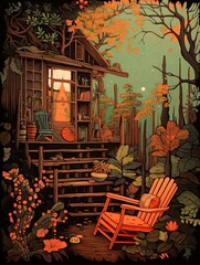 Vintage Woodland Scene: Cozy Cabin Print for Rustic Charm