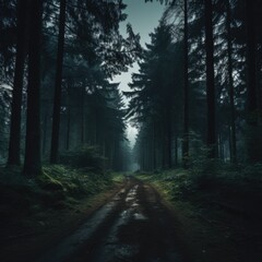 Dark forest in autumn fog