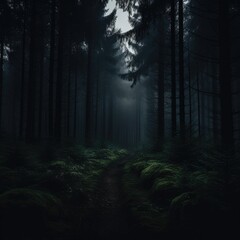 Naklejka premium Dark forest in autumn fog