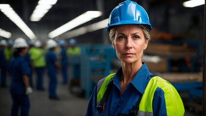 Obraz premium A female worker with helmet and uniform in a factory