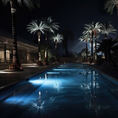 The pool is illuminated at night