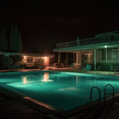 The pool is illuminated at night