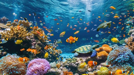 Fototapeta na wymiar A sea turtle glides through the clear blue waters of a coral reef teeming with colorful marine life and diverse coral formations. Resplendent.