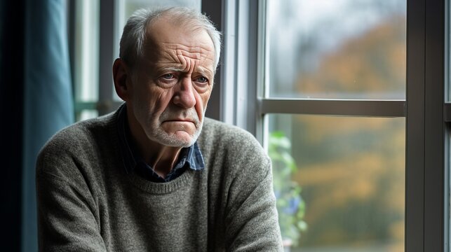 Senior Man Sitting Alone Near Window. He Feel Depressed Lonely. Mental Health Concept.