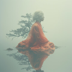 Religious man in water, an oriental monk meditating in the fog on a pond in a Zen garden. Concept of meditation and contemplation. Emotional atmospheric image faded by mist. lone hermit's life - obrazy, fototapety, plakaty
