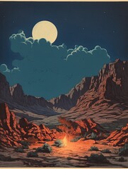 Midnight Campfires: Vintage Desert Landscape Night Wall Art Print