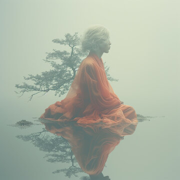 Religious man in water, an oriental monk meditating in the fog on a pond in a Zen garden. Concept of meditation and contemplation. Emotional atmospheric image faded by mist. lone hermit's life