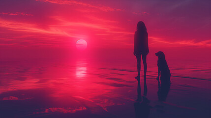 Fototapeta premium Silhouette of girl standing on a beach at sunset together with her dog. Red twilight with woman and pet with clouds and sky. Background landscape with fiery dusk. Setting sun over the sea. Panorama