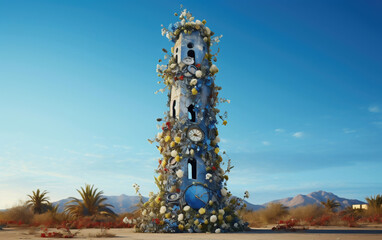Fototapeta na wymiar 3D Illustration of a Clock Tower in the Desert, California