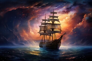 Obraz premium The ship sails through the beautiful cosmic clouds