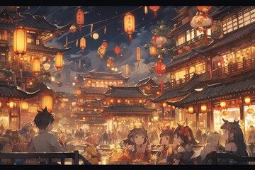 Streets in China and Japan on holiday, anime style