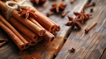 Aromatic Essence Fresh Cinnamon Sticks on Rustic Wood
