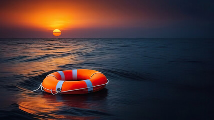 Orange life preserver floats on the sea against the backdrop of the sunset. Generated with AI