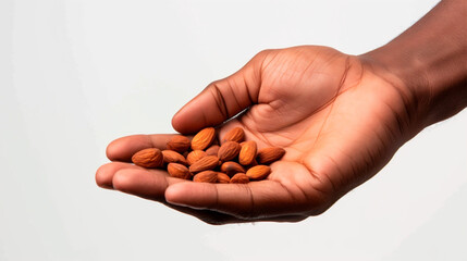 close-up photo of a hand holding a handful of almonds - obrazy, fototapety, plakaty