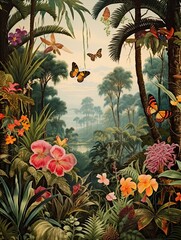Fototapeta na wymiar Enchanted Garden Butterfly Groves: Vintage Nature Print Scene