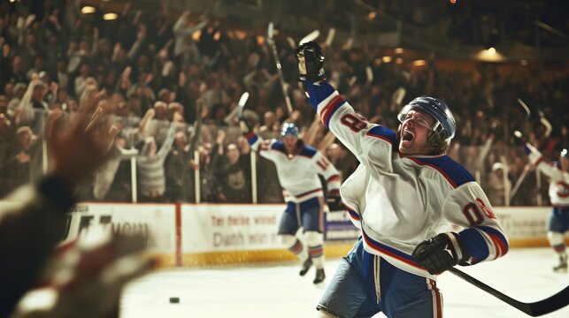 Ecstatic hockey player celebrating a goal with arms raised in a packed arena. - Powered by Adobe