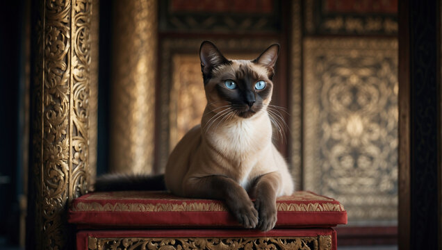 Majest&auml;tische Siamesische Katze auf rotem Samtkissen in Tempel