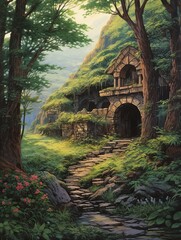 Enchanted Elven Hideaway: Vintage Forest Art Print - Nature Scenic Painting