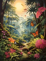 Fototapeta na wymiar Enchanted Groves: Vintage Landscape Nature Artwork with Butterfly Scene