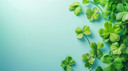 Artistic representation of clover leaves and golden stars on a gradient blue background, suggesting festivity. - obrazy, fototapety, plakaty