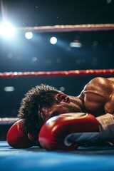 A powerful shot of a boxer knocked out on the canvas, spotlighting the raw intensity of the sport.