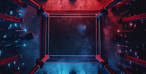 Empty neon-lit boxing ring with a surreal cosmic starfield background.