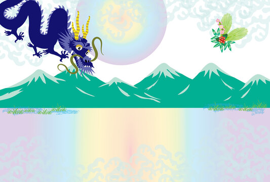 龍が山脈を見える湖畔で空から降りてくる和風モダンなイラスト