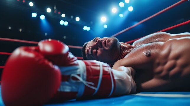 Boxer lying on the canvas in defeat, with a close-up on his face expressing exhaustion and red boxing gloves in focus.