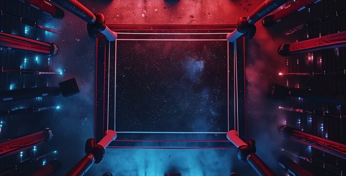 Empty neon-lit boxing ring with a surreal cosmic starfield background.