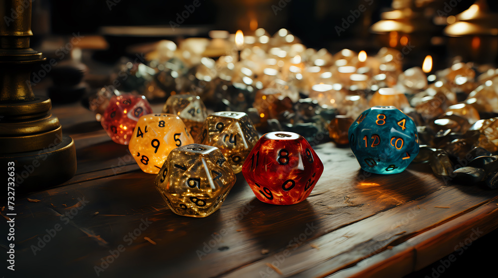Poster enchanted game dice with mystic glow. assorted multi-sided dice casting a magical glow on a wooden s