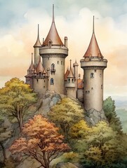 Vintage Fairytale Castle: Captivating Medieval Turrets and Ornate Art Print - obrazy, fototapety, plakaty