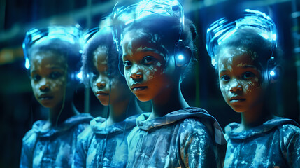 Futuristic Children with Neon Lights.
A group of children with futuristic headsets and neon lighting, portraying concepts of technology, future generations, and digital world exploration.