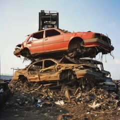 Pile of damaged and discarded cars stacked atop each other against a clear sky.
