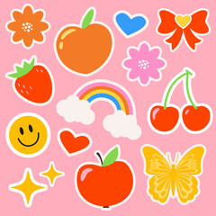 Retro 70s hippie stickers, groovy elements. Cartoon rainbow, flowers, apple, butterfly, peach, sparkle, cherry and hearts. Vector set of cool retro stickers. Flat design. Patches, labels, tags, stamps