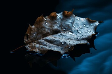 a wet leaf on blue background with dark substance, partially submerged in water. Generative AI