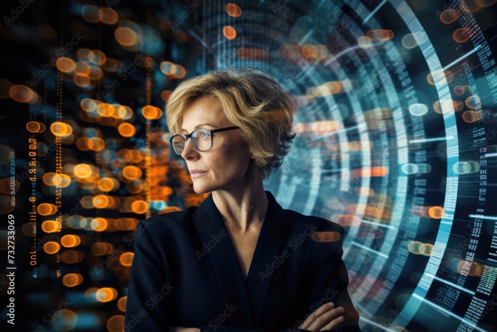 Poster tech analyst study cyber data chart from corporate system for statistical analytic defining marketin