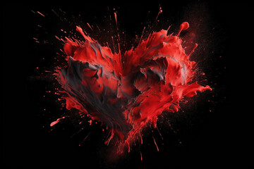 Black-Red Paint Splashes in Heart Shape on Black Background