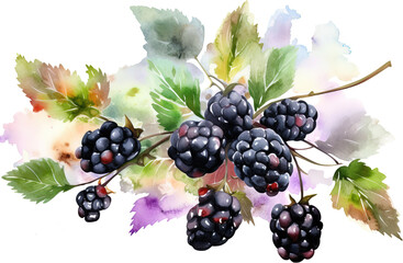 watercolor painting of blackberry berries with leaves - 732733612