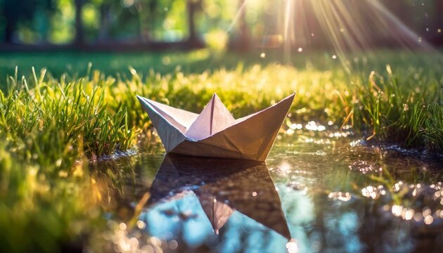 Barco de papel boiando em uma po&ccedil;a de &aacute;gua na grama