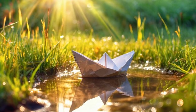 Barco de papel boiando em uma po&ccedil;a de &aacute;gua na grama