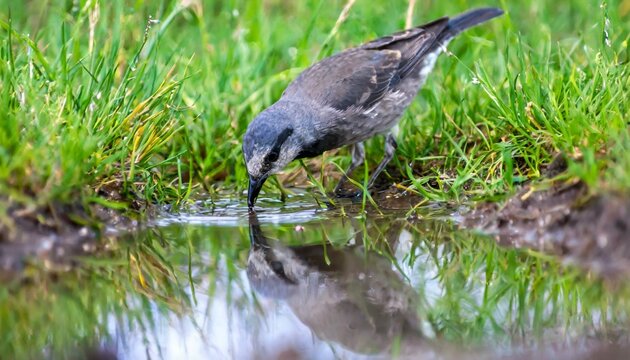 Um p&aacute;ssaro bebendo &aacute;gua em uma po&ccedil;a de &aacute;gua na grama