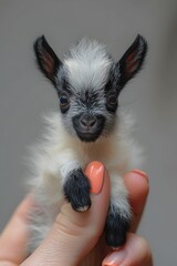 Teeny-tiny Pygmy Goat on the edge of a female fingertip, painted nails , displaying the lovable nature of the tiny animal,isolated on a white background