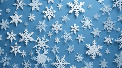 Naklejka na ściany i meble Hand-Made Paper Snowflakes on Blue Background - A Festive Group of many Snowflakes